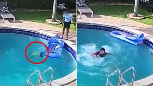 创高网 美国6岁男童泳池溺水下沉, 建筑工跳水施救, 事后受警察口头赞扬